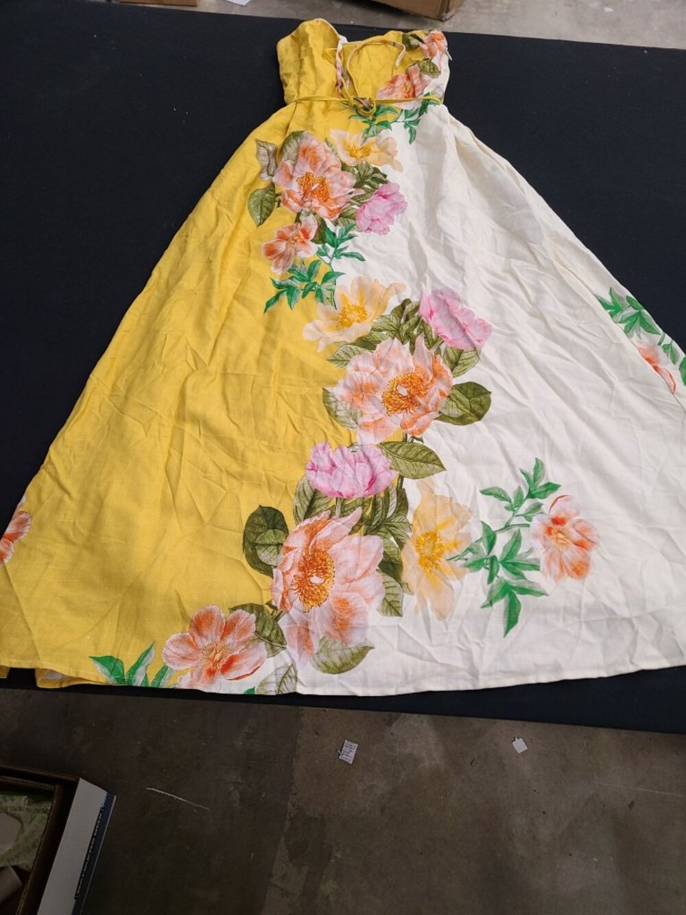 Yellow & White Strapless Floral Maxi Dress With Drawstring Waist